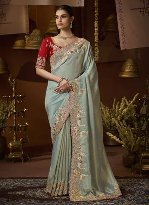 designer sea green soft jacquard fabric saree with maroon silk blend blouse fabric 1