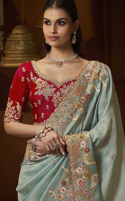 designer sea green soft jacquard fabric saree with maroon silk blend blouse fabric 2