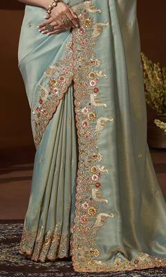 designer sea green soft jacquard fabric saree with maroon silk blend blouse fabric 3