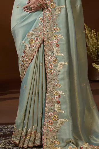 designer sea green soft jacquard fabric saree with maroon silk blend blouse fabric