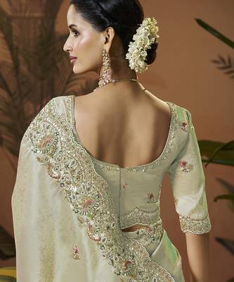 designer pista silk blend fabric saree with pista silk blend blouse fabric 3