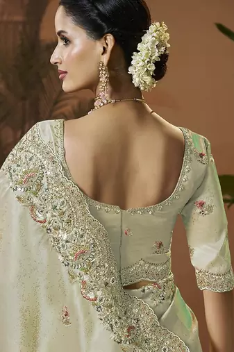 designer pista silk blend fabric saree with pista silk blend blouse fabric