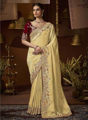 designer yellow soft jacquard fabric saree with maroon silk blend blouse fabric 1
