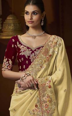 designer yellow soft jacquard fabric saree with maroon silk blend blouse fabric 2