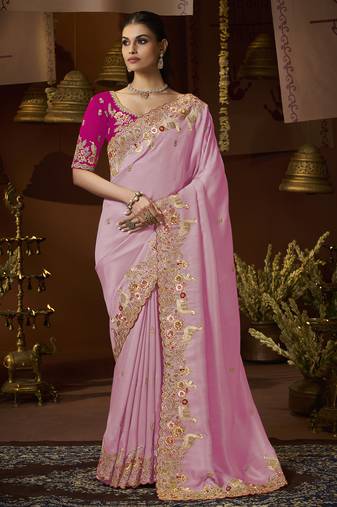 designer purple soft jacquard fabric saree with rani pink silk blend blouse fabric