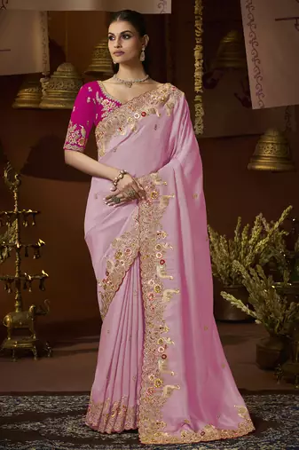 designer purple soft jacquard fabric saree with rani pink silk blend blouse fabric