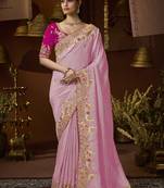 designer purple soft jacquard fabric saree with rani pink silk blend blouse fabric