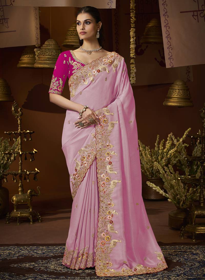 designer purple soft jacquard fabric saree with rani pink silk blend blouse fabric