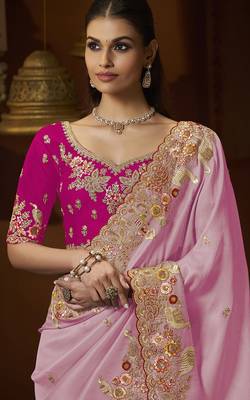 designer purple soft jacquard fabric saree with rani pink silk blend blouse fabric 2