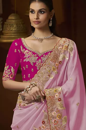 designer purple soft jacquard fabric saree with rani pink silk blend blouse fabric