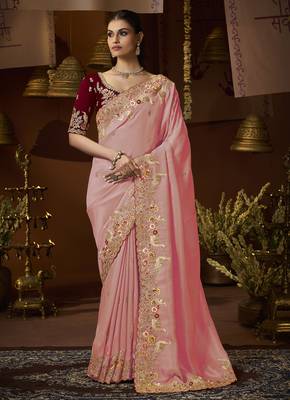 designer peaach soft jacquard fabric saree with maroon silk blend blouse fabric 1