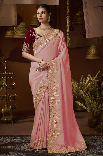 designer peaach soft jacquard fabric saree with maroon silk blend blouse fabric