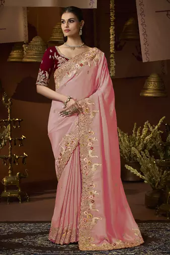 designer peaach soft jacquard fabric saree with maroon silk blend blouse fabric