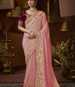 designer peaach soft jacquard fabric saree with maroon silk blend blouse fabric