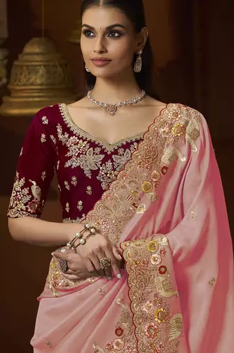 designer peaach soft jacquard fabric saree with maroon silk blend blouse fabric