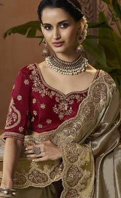 designer gold viscose fabric saree with maroon silk blend blouse fabric 2