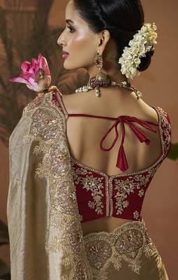 designer gold viscose fabric saree with maroon silk blend blouse fabric 3