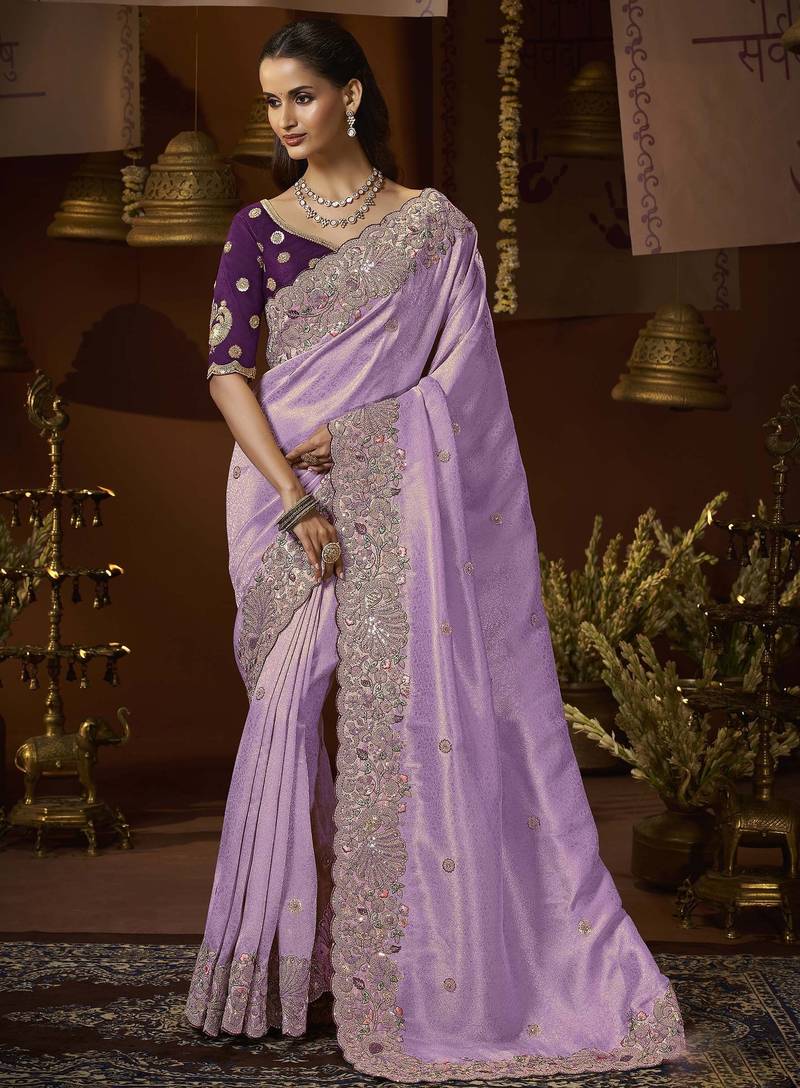 designer purple jacquard fabric saree with purple silk blend blouse fabric