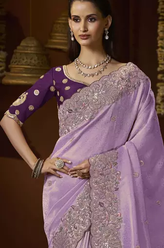 designer purple jacquard fabric saree with purple silk blend blouse fabric