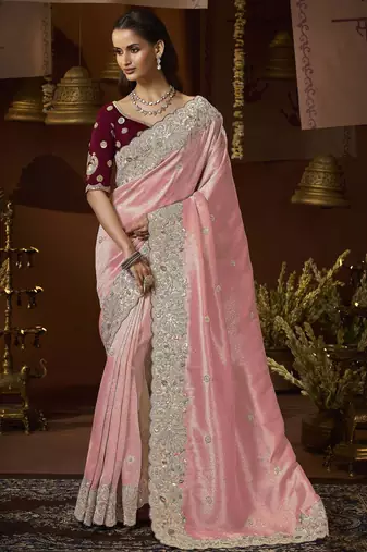designer peach jacquard fabric saree with maroon silk blend blouse fabric