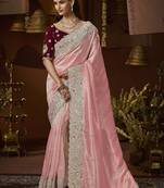 designer peach jacquard fabric saree with maroon silk blend blouse fabric