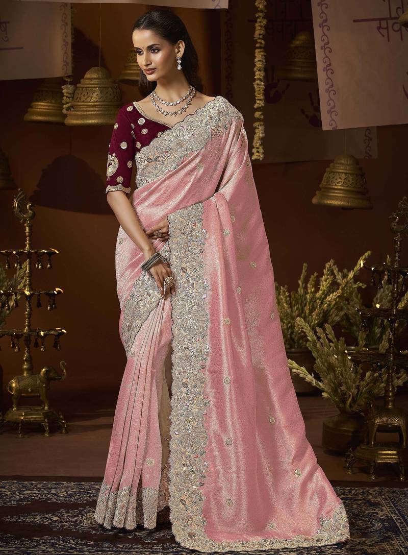 designer peach jacquard fabric saree with maroon silk blend blouse fabric