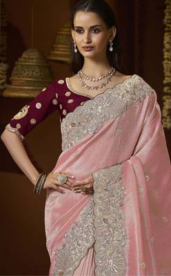 designer peach jacquard fabric saree with maroon silk blend blouse fabric 2