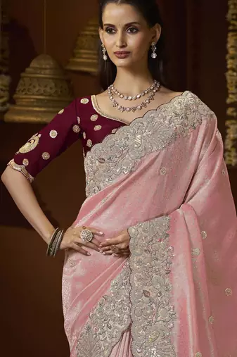 designer peach jacquard fabric saree with maroon silk blend blouse fabric