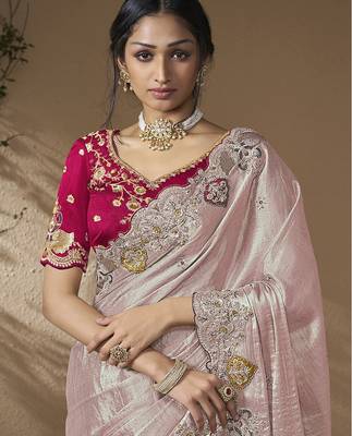 designer lavender viscose fabric saree with rani pink silk blend blouse fabric 2