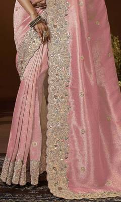 designer peach jacquard fabric saree with maroon silk blend blouse fabric 3