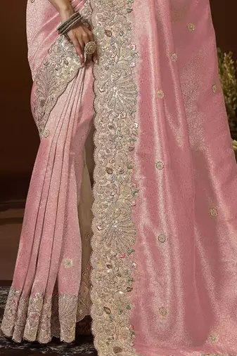 designer peach jacquard fabric saree with maroon silk blend blouse fabric