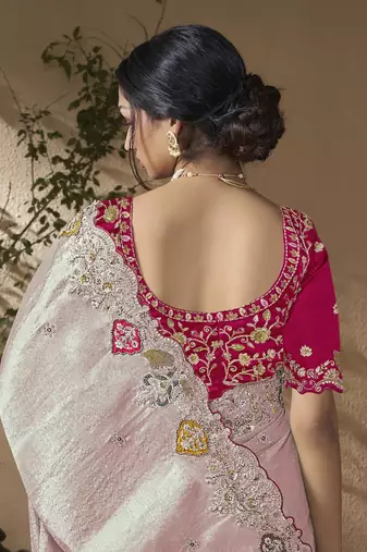 designer lavender viscose fabric saree with rani pink silk blend blouse fabric
