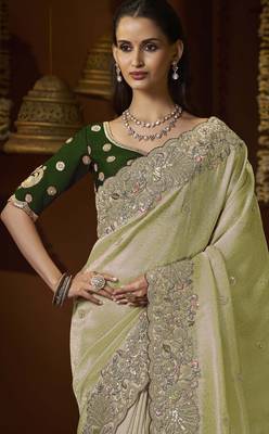 designer green jacquard fabric saree with green silk blend blouse fabric 2