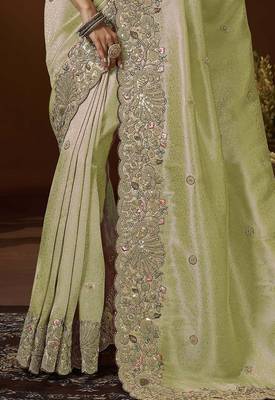 designer green jacquard fabric saree with green silk blend blouse fabric 3