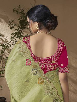 designer green viscose fabric saree with rani pink silk blend blouse fabric 3