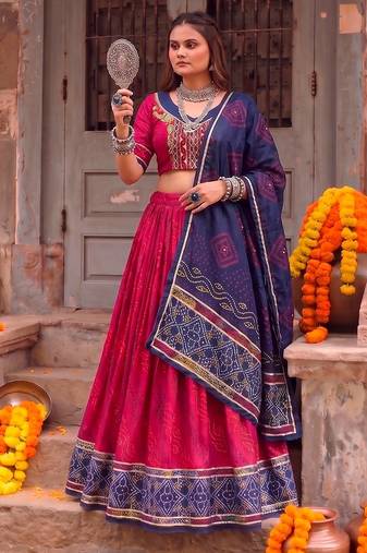 Women Bandhej Print Tasar Silk Lehenga Choli Set with Gamthi Embroidery Blouse - Free Size