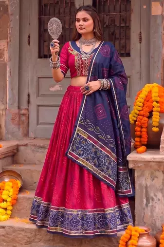 Women Bandhej Print Tasar Silk Lehenga Choli Set with Gamthi Embroidery Blouse - Free Size
