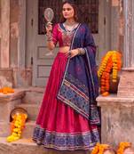 Women Bandhej Print Tasar Silk Lehenga Choli Set with Gamthi Embroidery Blouse - Free Size