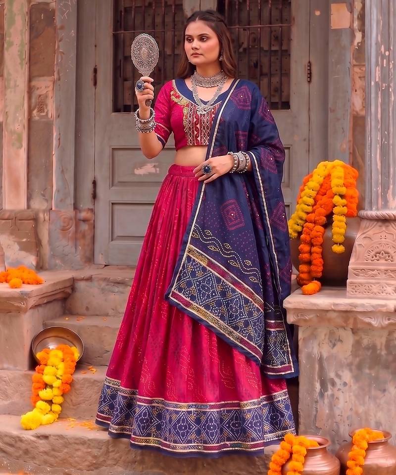 Women Bandhej Print Tasar Silk Lehenga Choli Set with Gamthi Embroidery Blouse - Free Size