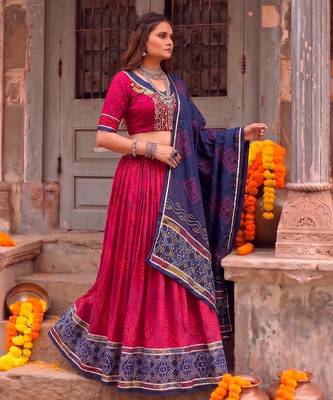 Women Bandhej Print Tasar Silk Lehenga Choli Set with Gamthi Embroidery Blouse - Free Size 2