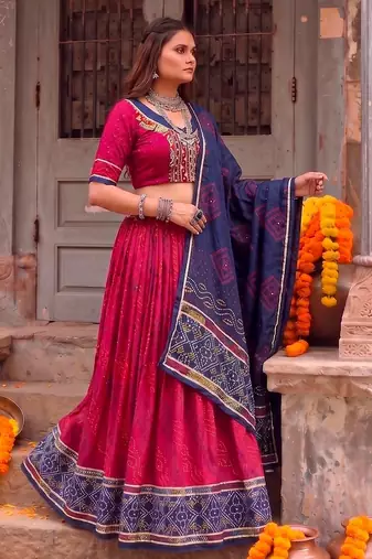 Women Bandhej Print Tasar Silk Lehenga Choli Set with Gamthi Embroidery Blouse - Free Size