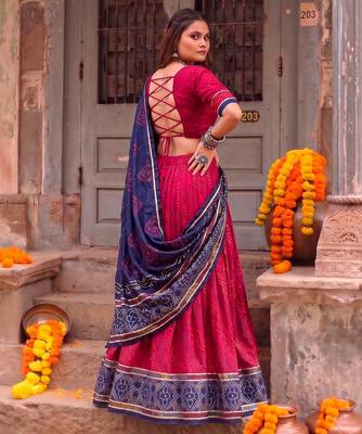 Women Bandhej Print Tasar Silk Lehenga Choli Set with Gamthi Embroidery Blouse - Free Size 3