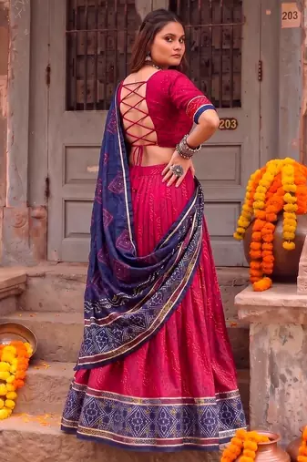 Women Bandhej Print Tasar Silk Lehenga Choli Set with Gamthi Embroidery Blouse - Free Size