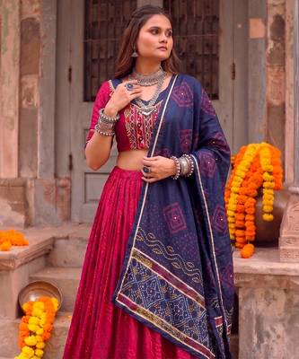 Women Bandhej Print Tasar Silk Lehenga Choli Set with Gamthi Embroidery Blouse - Free Size 4