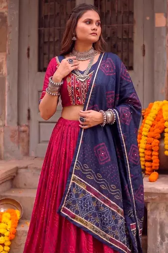Women Bandhej Print Tasar Silk Lehenga Choli Set with Gamthi Embroidery Blouse - Free Size