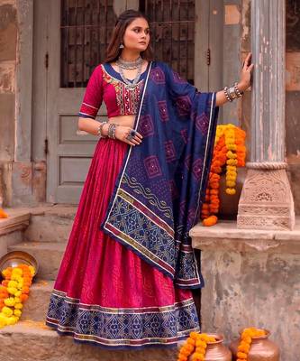 Women Bandhej Print Tasar Silk Lehenga Choli Set with Gamthi Embroidery Blouse - Free Size 5