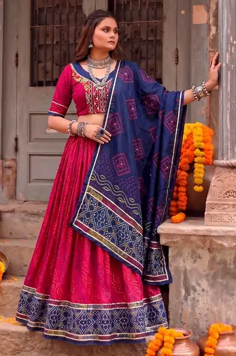Women Bandhej Print Tasar Silk Lehenga Choli Set with Gamthi Embroidery Blouse - Free Size