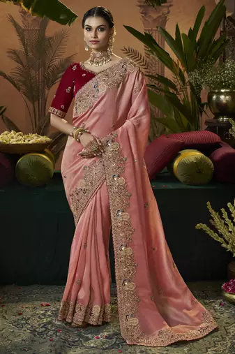 designer peach soft jacquard fabric saree with maroon silk blend blouse fabric