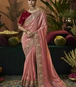 designer peach soft jacquard fabric saree with maroon silk blend blouse fabric