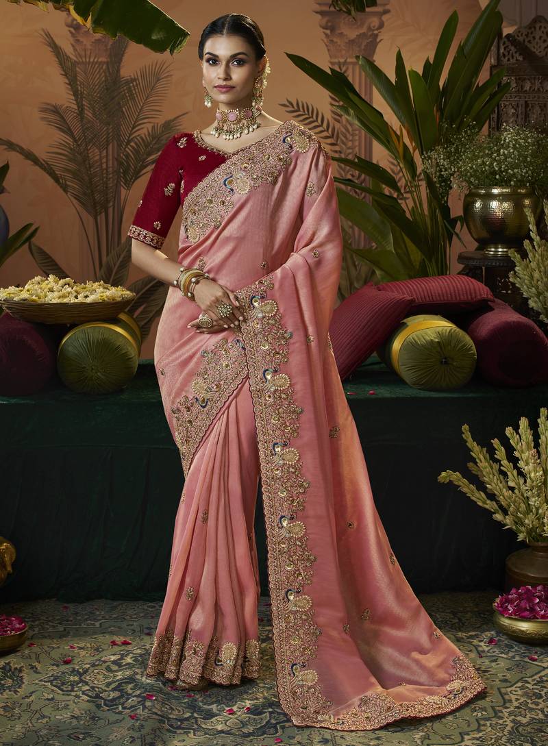 designer peach soft jacquard fabric saree with maroon silk blend blouse fabric